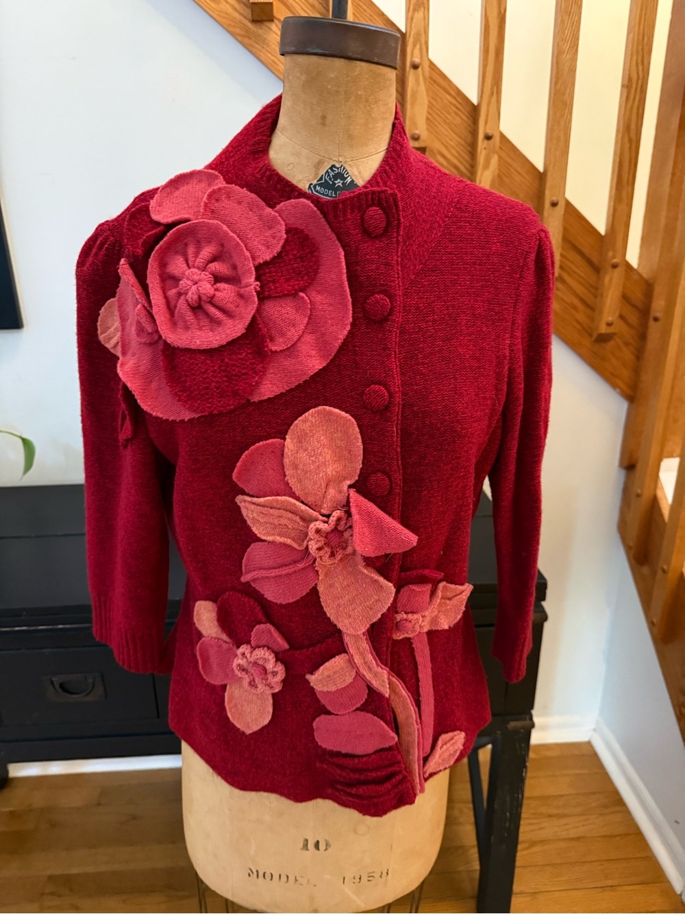 Anthro Dark Red Floral Appliqué Knit Cardigan